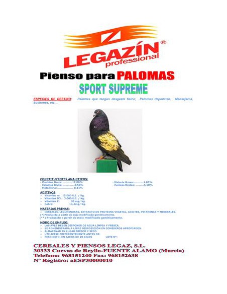 PIENSO PALOMAS SPORT SUPREME 25 KG.