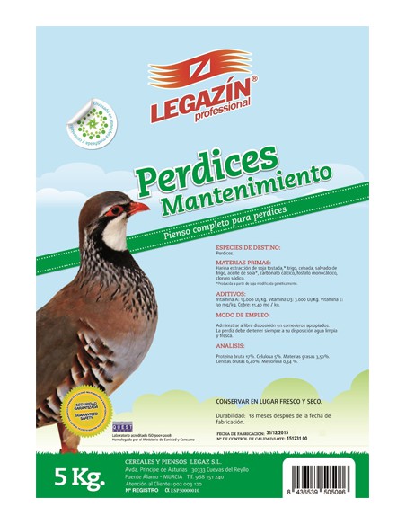 PIENSO PERDICES MANTENIMIENTO 20 KG.