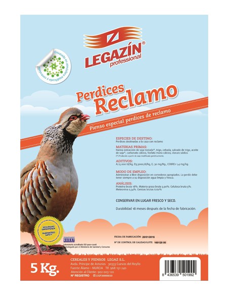 PIENSO PERDICES RECLAMO 20 KG.
