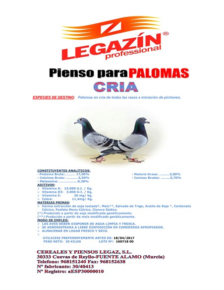 PALOMAS CRIA PIENSO  20 KG.