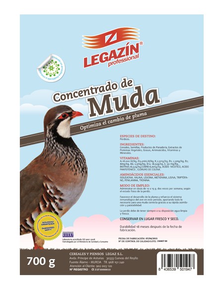 PIENSO PERDICES CONCENTRADO MUDA 5 KG.